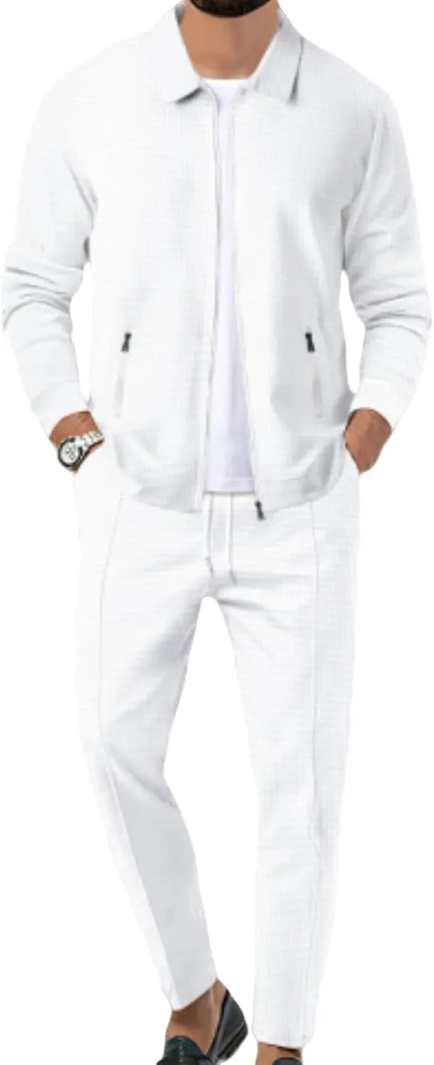 Mens Quilted Waffle Jacquard Overshirt & Drawstring Waffle Jogger Pants, Lapel Slim Fit Zipper Cardigan 2 Piece