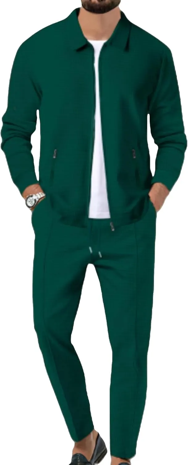 Mens Quilted Waffle Jacquard Overshirt & Drawstring Waffle Jogger Pants, Lapel Slim Fit Zipper Cardigan 2 Piece