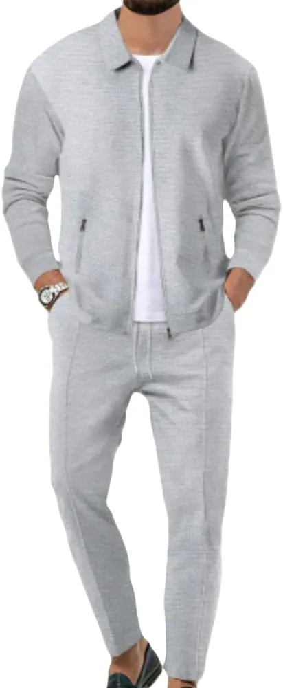Mens Quilted Waffle Jacquard Overshirt & Drawstring Waffle Jogger Pants, Lapel Slim Fit Zipper Cardigan 2 Piece