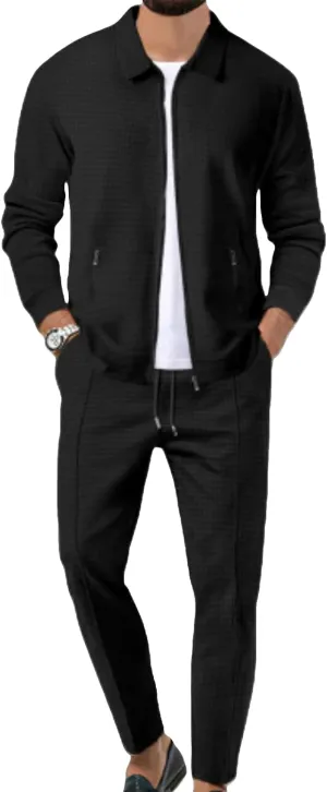 Mens Quilted Waffle Jacquard Overshirt & Drawstring Waffle Jogger Pants, Lapel Slim Fit Zipper Cardigan 2 Piece