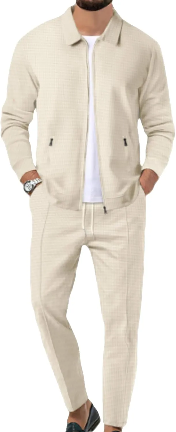 Mens Quilted Waffle Jacquard Overshirt & Drawstring Waffle Jogger Pants, Lapel Slim Fit Zipper Cardigan 2 Piece