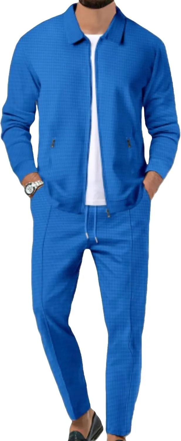 Mens Quilted Waffle Jacquard Overshirt & Drawstring Waffle Jogger Pants, Lapel Slim Fit Zipper Cardigan 2 Piece