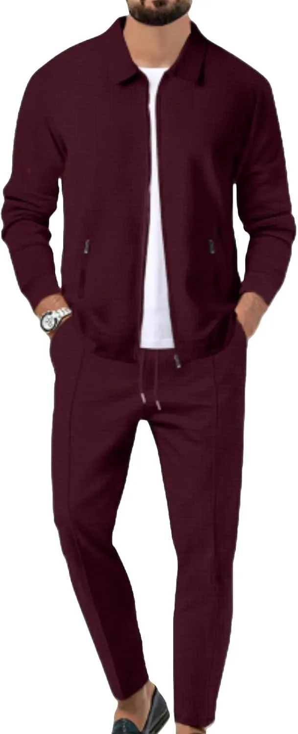 Mens Quilted Waffle Jacquard Overshirt & Drawstring Waffle Jogger Pants, Lapel Slim Fit Zipper Cardigan 2 Piece