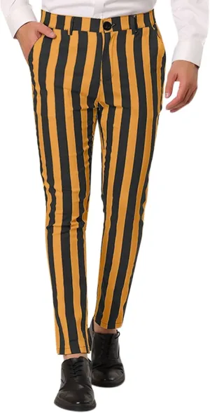 Mens Striped Ankle Pants Casual Slim Fit Flat Front Plaid Pants Fashion Skinny Stretch Dress Pants with Pockets