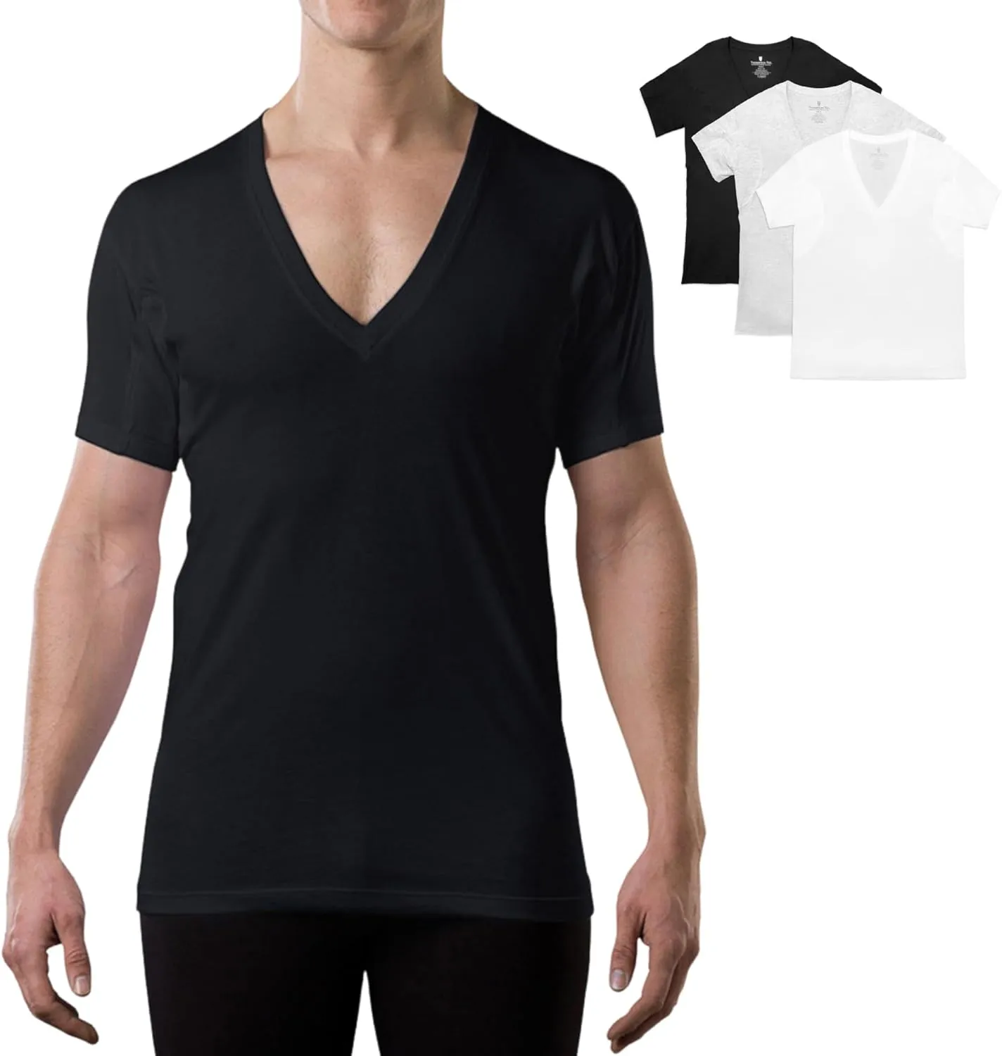 Men's Sweatproof Undershirt | Cotton Deep V Neck | Original Fit | with Sweat Pads | White, Black, Gray | Bundle | Large