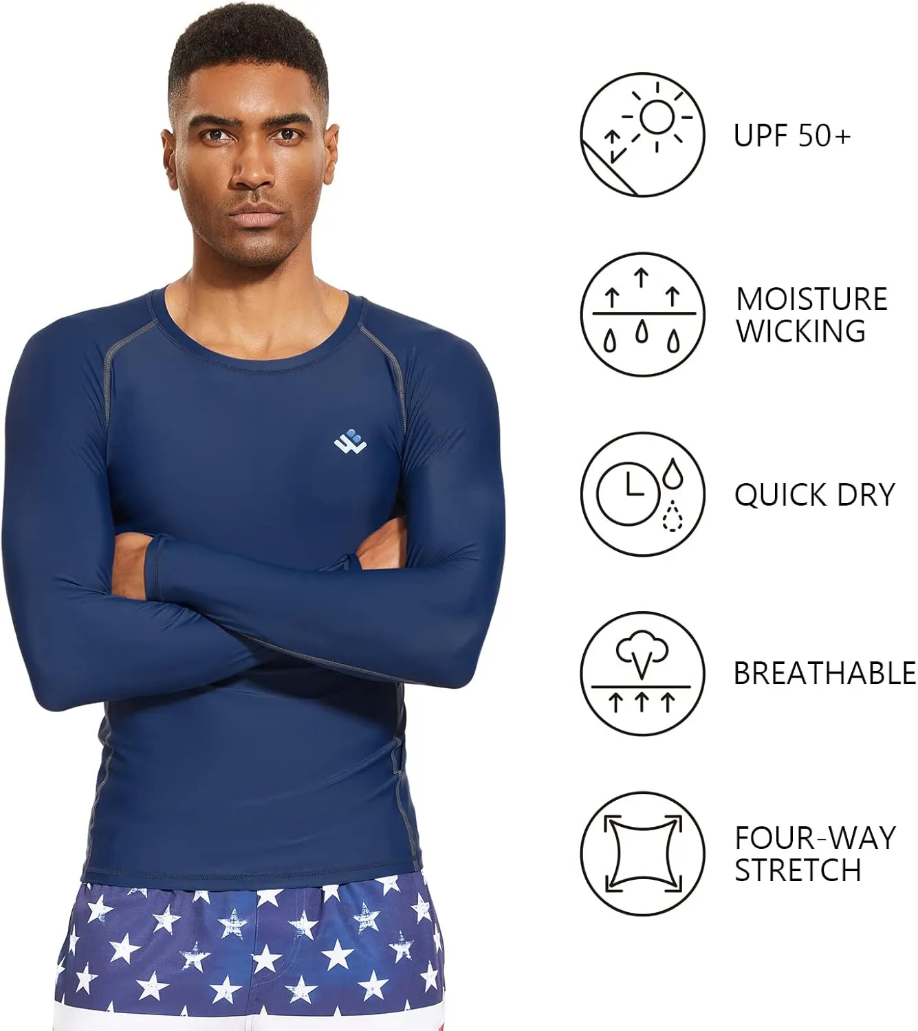 Mens UPF 50  Compression Rash Guard Long Sleeve UV Sun Protection Surf Skin Shirt Quick Dry Performance Fit