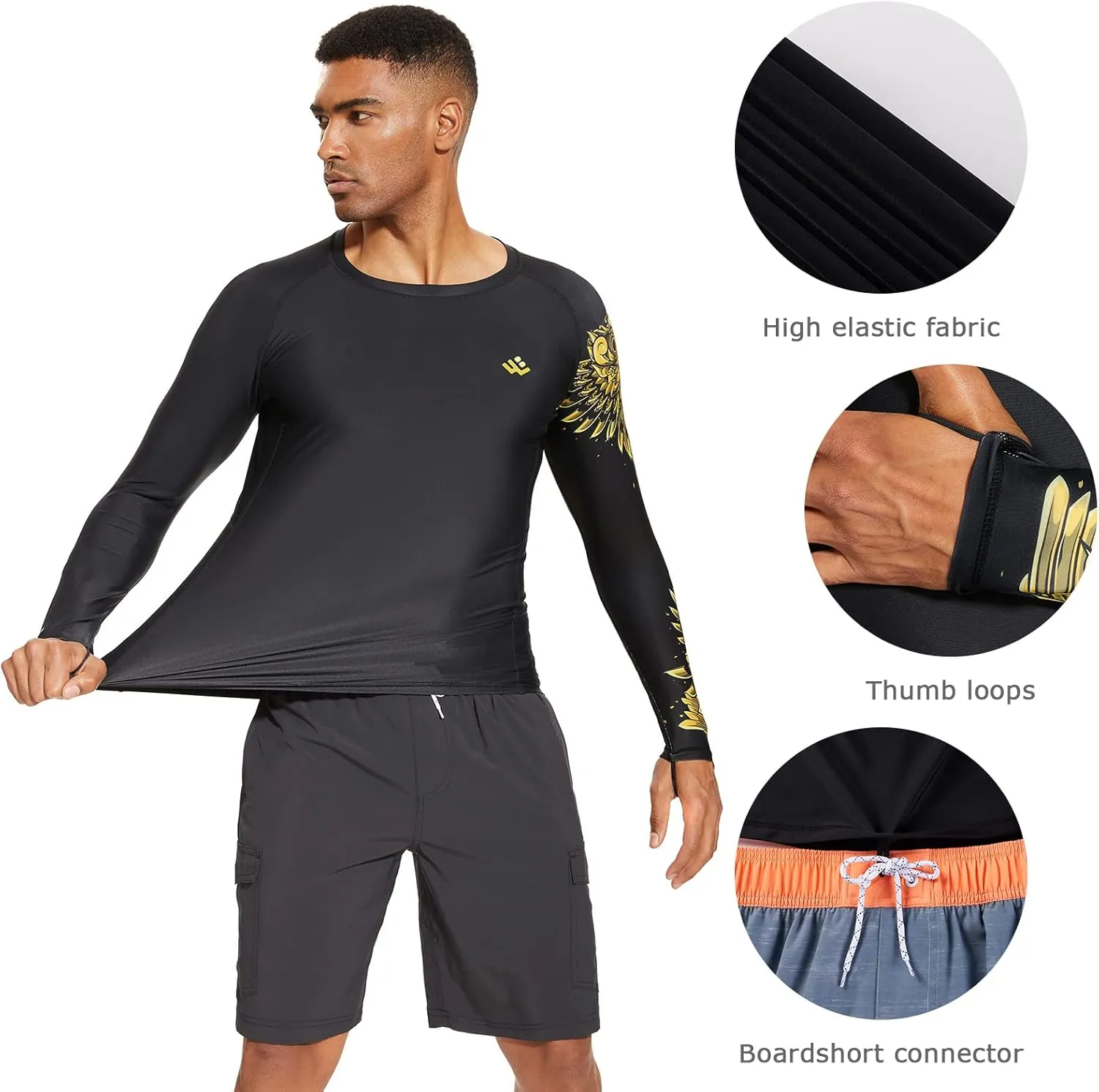 Mens UPF 50  Compression Rash Guard Long Sleeve UV Sun Protection Surf Skin Shirt Quick Dry Performance Fit