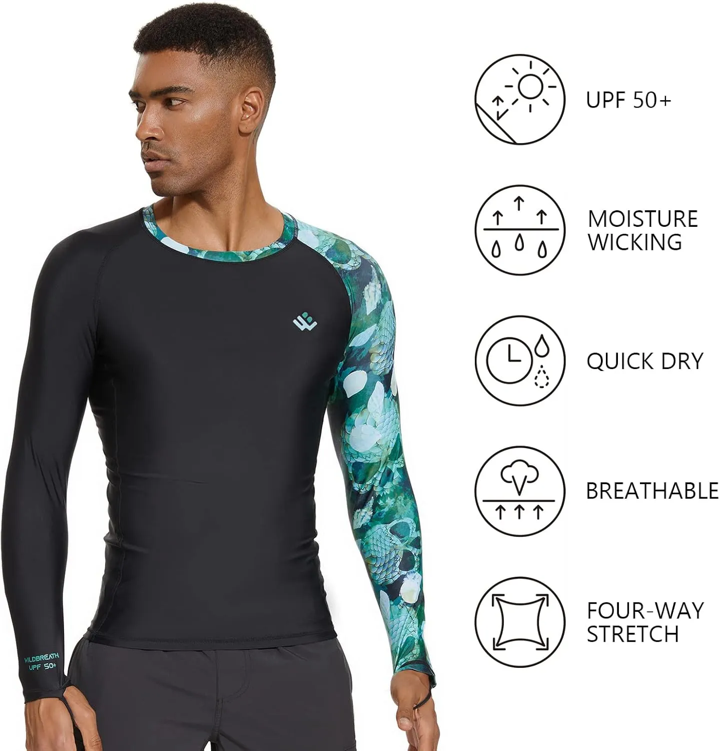 Mens UPF 50  Compression Rash Guard Long Sleeve UV Sun Protection Surf Skin Shirt Quick Dry Performance Fit