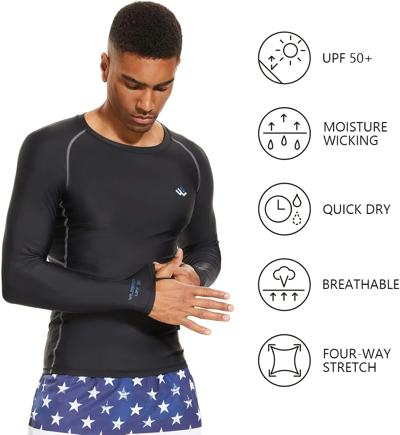 Mens UPF 50  Compression Rash Guard Long Sleeve UV Sun Protection Surf Skin Shirt Quick Dry Performance Fit
