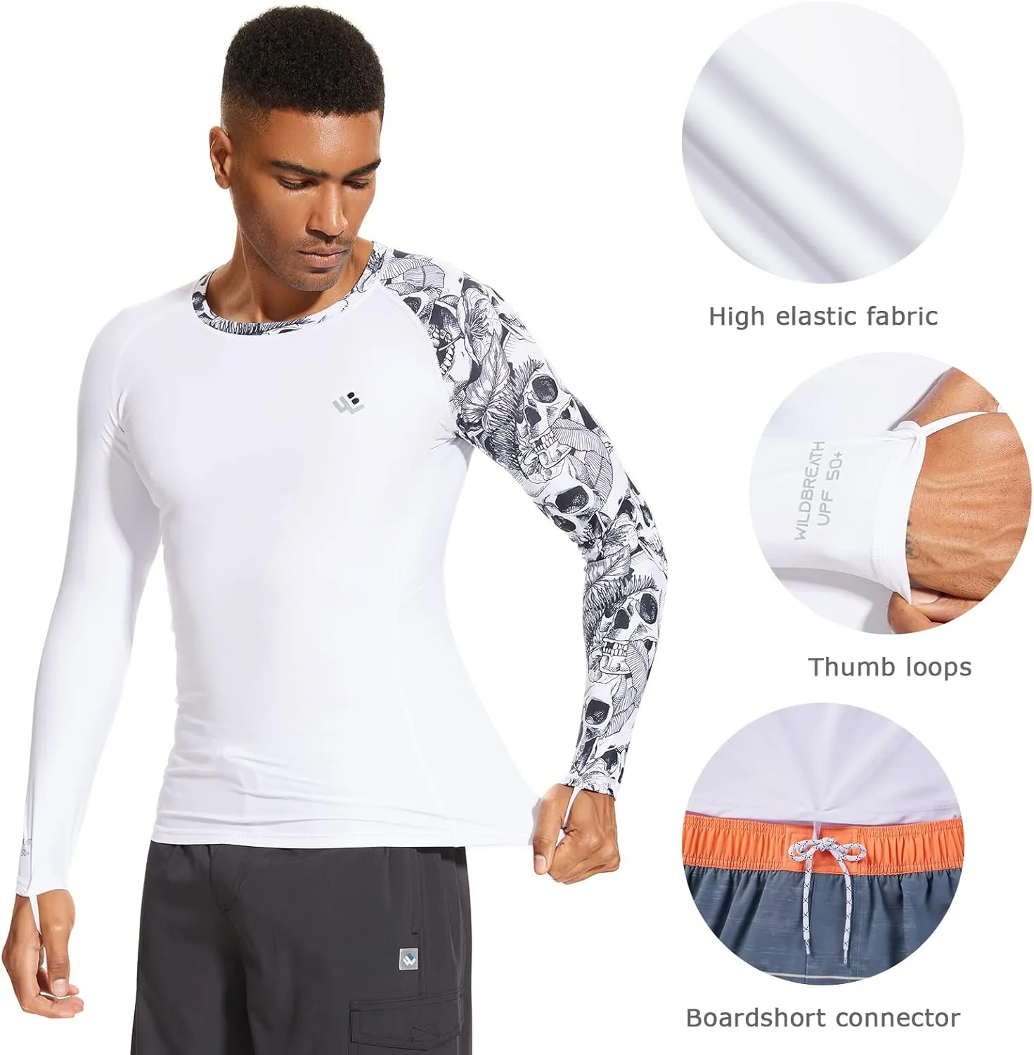 Mens UPF 50  Compression Rash Guard Long Sleeve UV Sun Protection Surf Skin Shirt Quick Dry Performance Fit