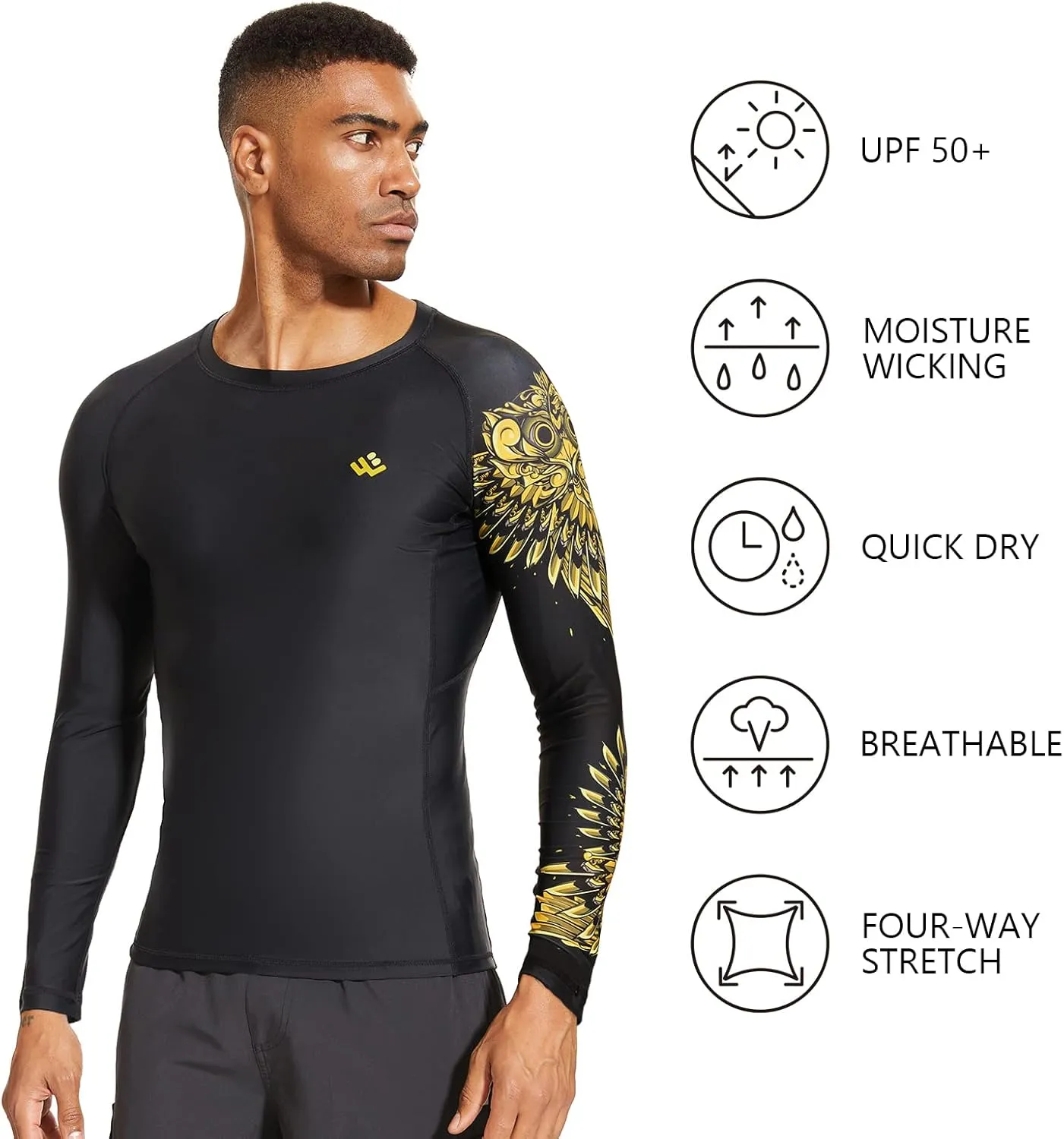 Mens UPF 50  Compression Rash Guard Long Sleeve UV Sun Protection Surf Skin Shirt Quick Dry Performance Fit