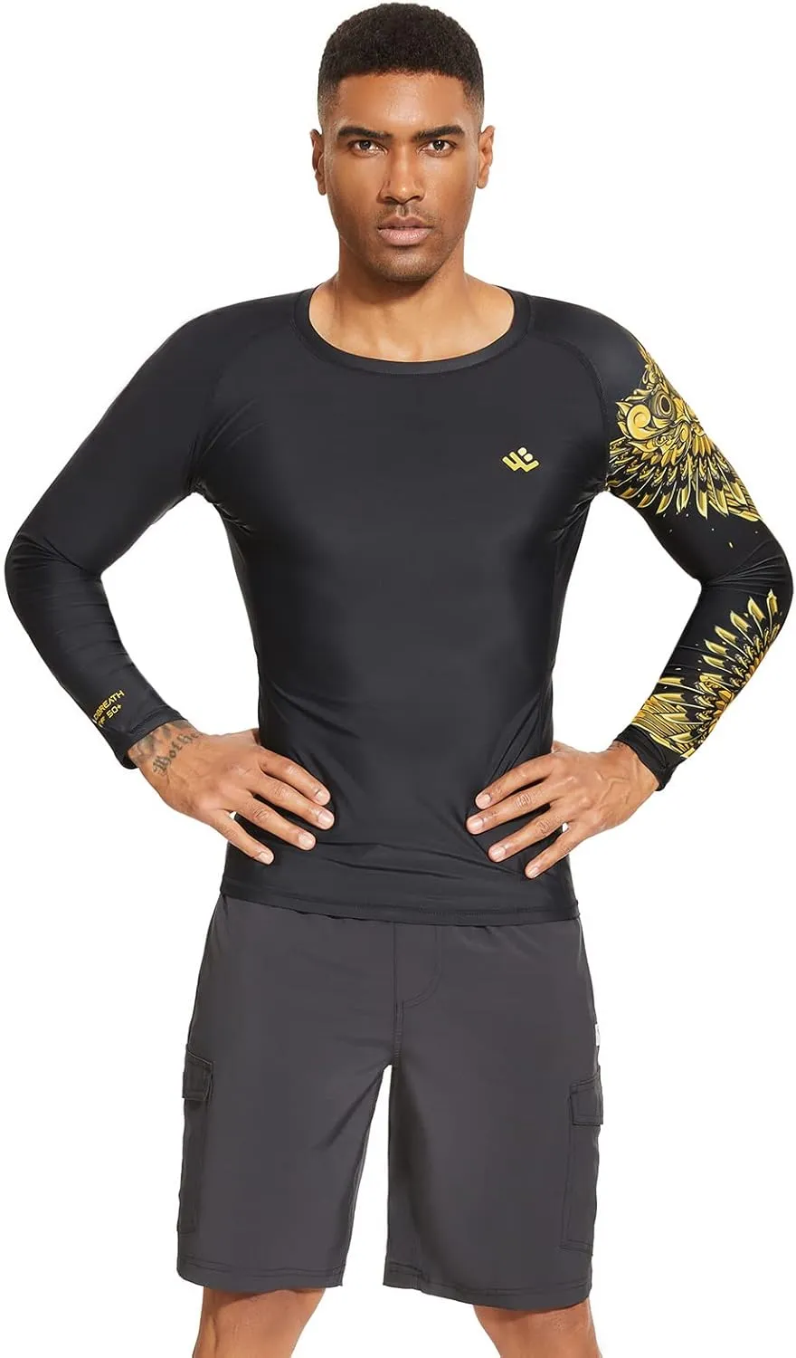Mens UPF 50  Compression Rash Guard Long Sleeve UV Sun Protection Surf Skin Shirt Quick Dry Performance Fit