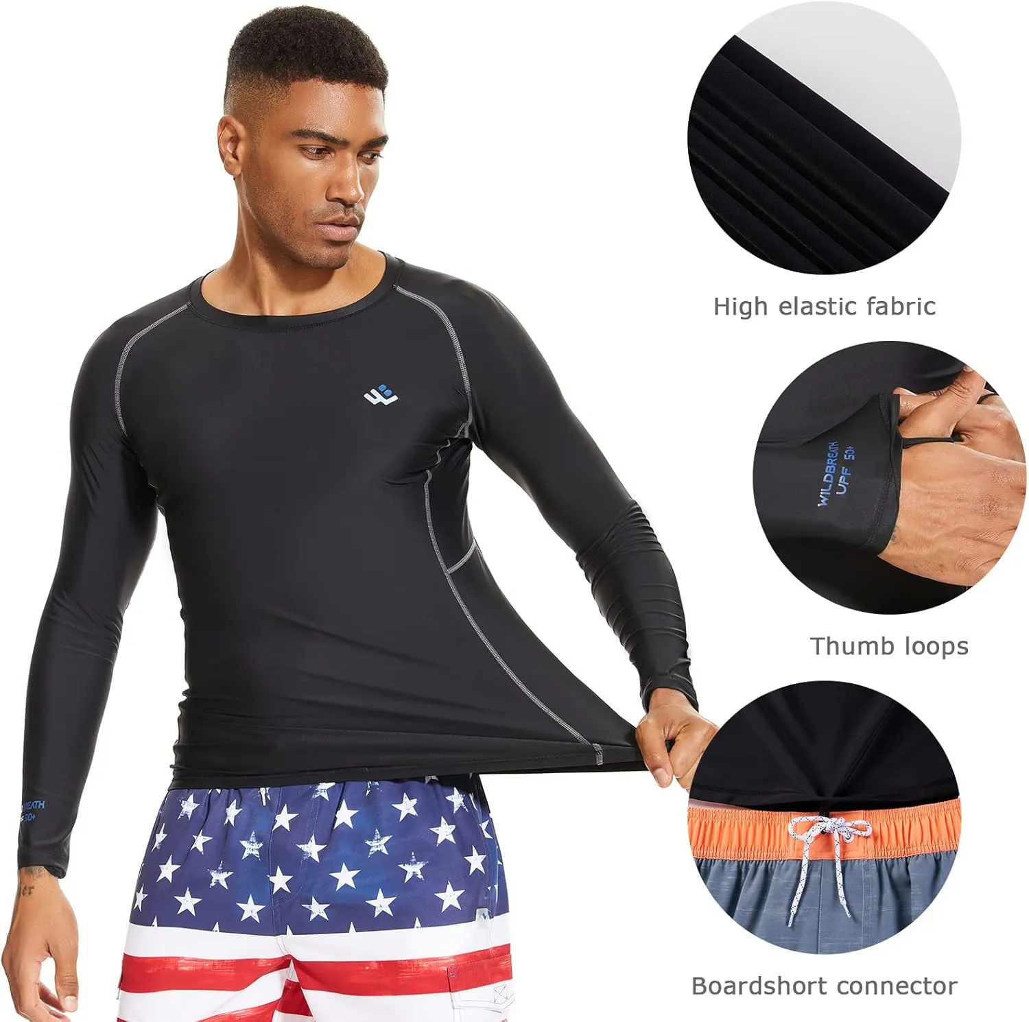 Mens UPF 50  Compression Rash Guard Long Sleeve UV Sun Protection Surf Skin Shirt Quick Dry Performance Fit