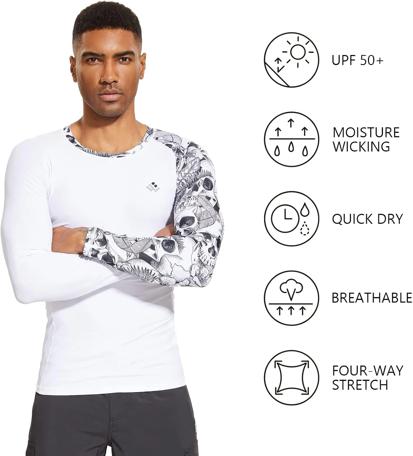 Mens UPF 50  Compression Rash Guard Long Sleeve UV Sun Protection Surf Skin Shirt Quick Dry Performance Fit