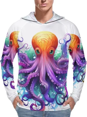 Men's UPF 50  Sun Protection Hoodie Outdoor UV Shirts Colorful Octopus Long Sleeve Quick Dry Fishing Hiking Shirt