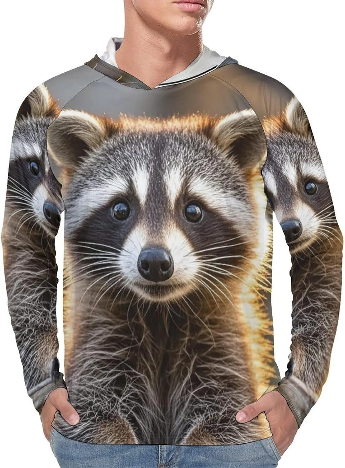 Men's UPF 50  Sun Protection Hoodie Outdoor UV Shirts Cute Raccoon Long Sleeve Quick Dry Fishing Hiking Shirt