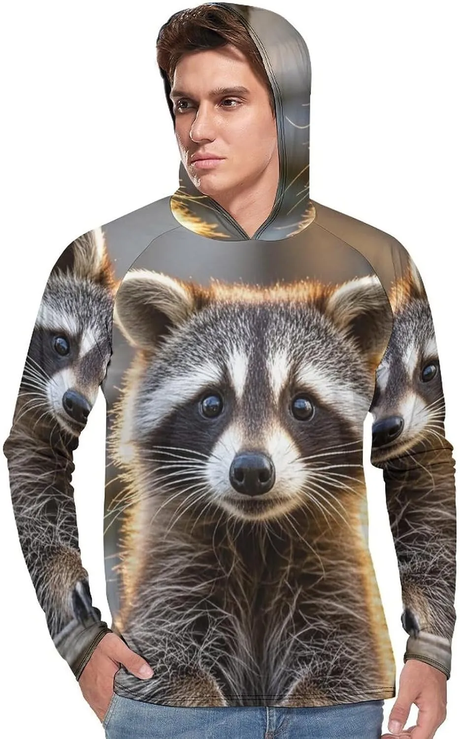 Men's UPF 50  Sun Protection Hoodie Outdoor UV Shirts Cute Raccoon Long Sleeve Quick Dry Fishing Hiking Shirt
