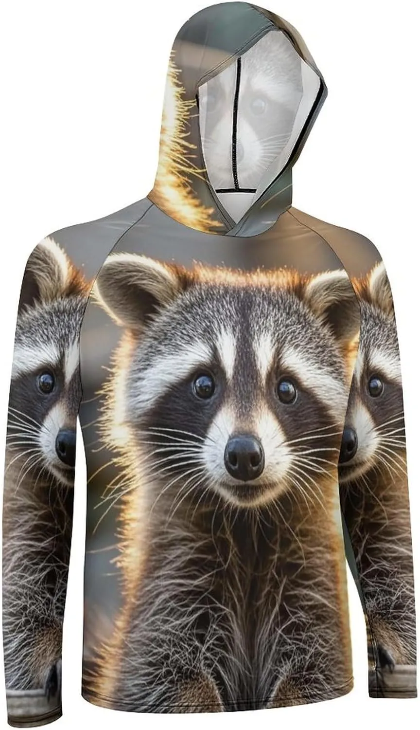 Men's UPF 50  Sun Protection Hoodie Outdoor UV Shirts Cute Raccoon Long Sleeve Quick Dry Fishing Hiking Shirt