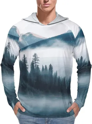 Men's UPF 50  Sun Protection Hoodie Outdoor UV Shirts Foggy Mountains Landscape Long Sleeve Quick Dry Fishing Hiking Shirt