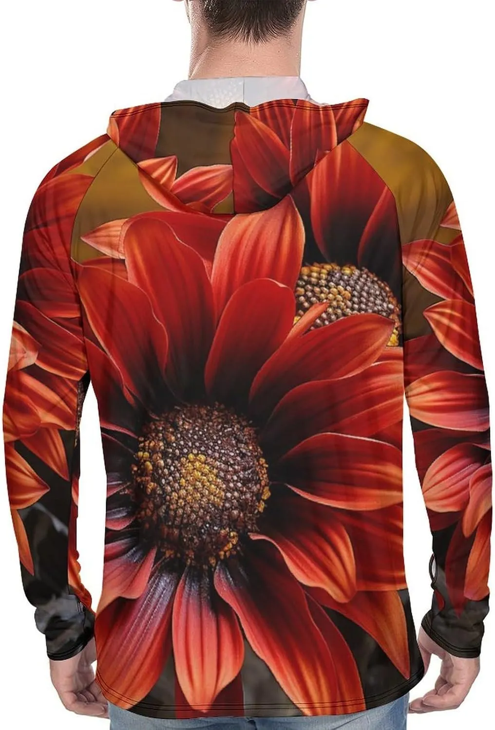 Men's UPF 50  Sun Protection Hoodie Outdoor UV Shirts Red Sunflower Long Sleeve Quick Dry Fishing Hiking Shirt
