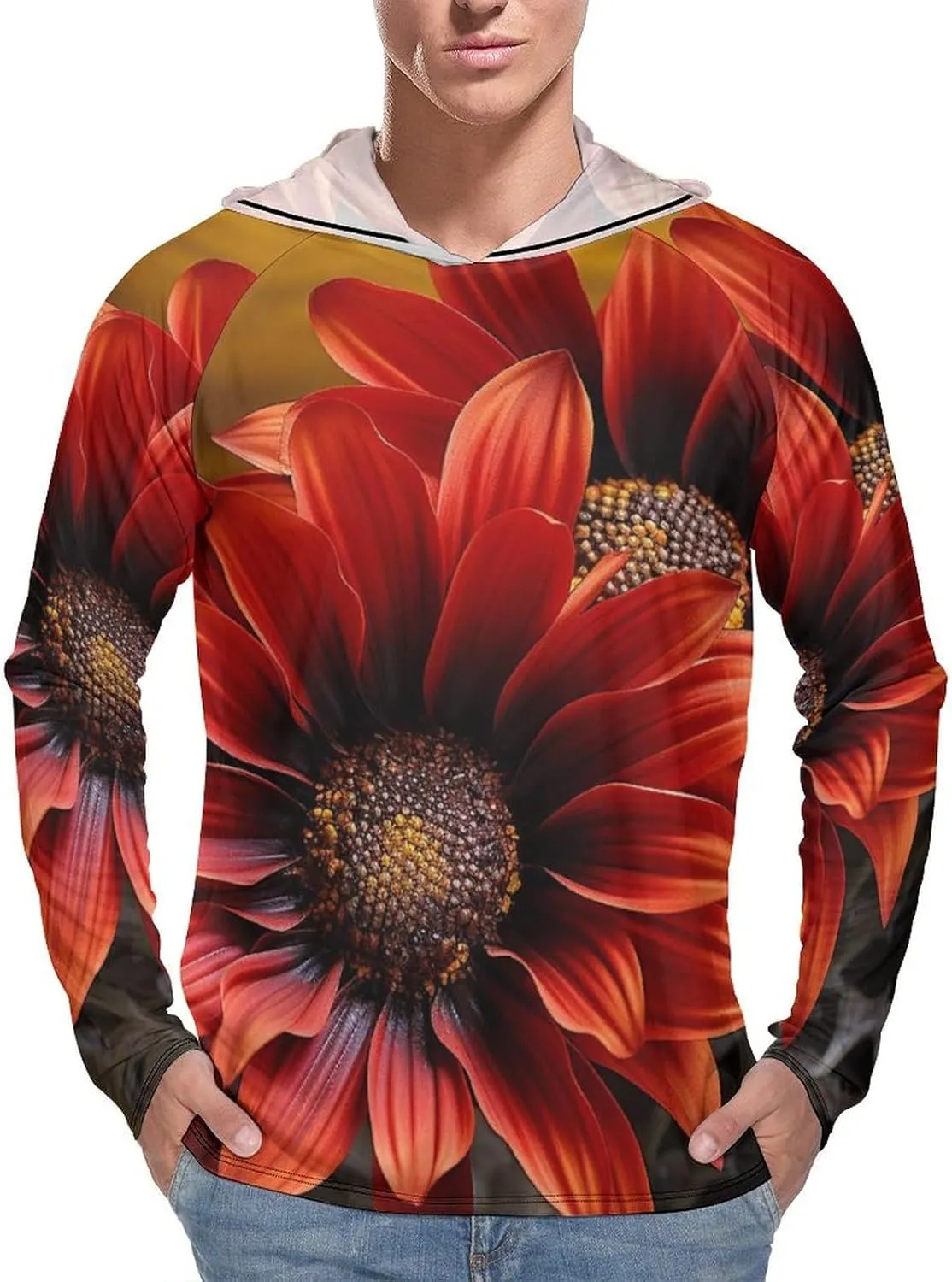 Men's UPF 50  Sun Protection Hoodie Outdoor UV Shirts Red Sunflower Long Sleeve Quick Dry Fishing Hiking Shirt