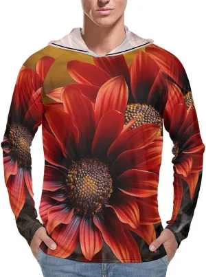 Men's UPF 50  Sun Protection Hoodie Outdoor UV Shirts Red Sunflower Long Sleeve Quick Dry Fishing Hiking Shirt