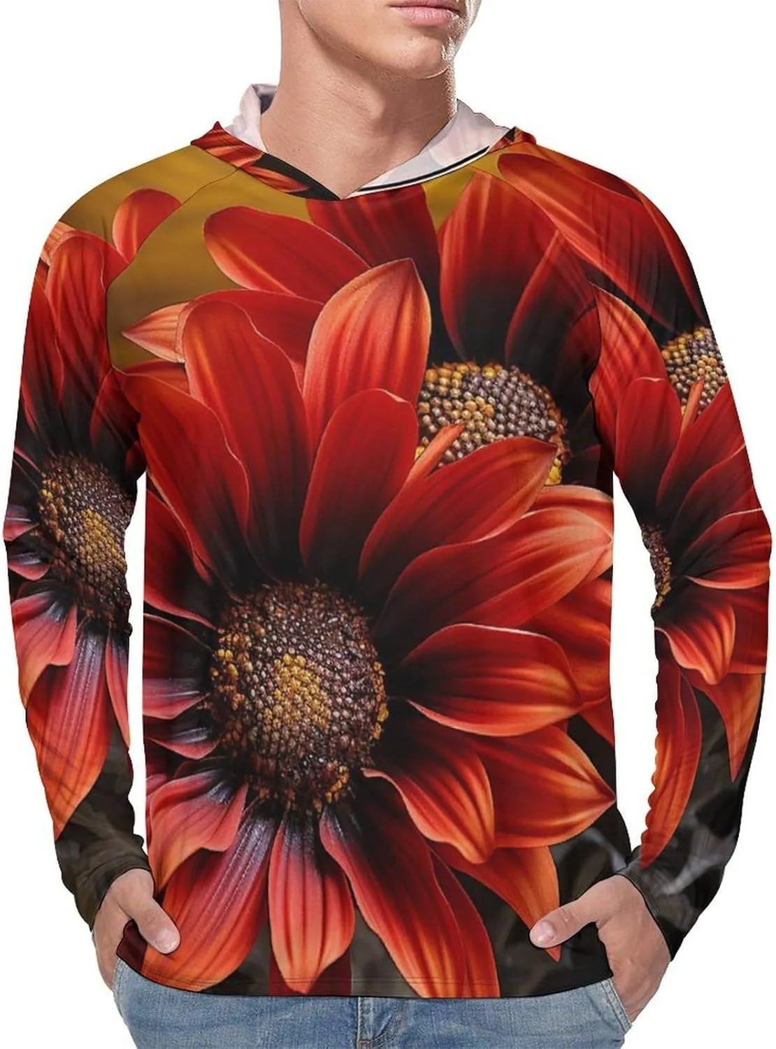 Men's UPF 50  Sun Protection Hoodie Outdoor UV Shirts Red Sunflower Long Sleeve Quick Dry Fishing Hiking Shirt