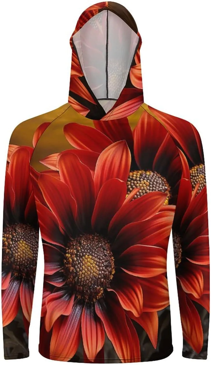 Men's UPF 50  Sun Protection Hoodie Outdoor UV Shirts Red Sunflower Long Sleeve Quick Dry Fishing Hiking Shirt
