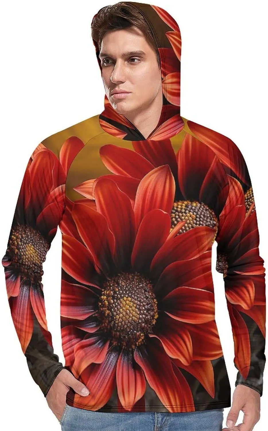 Men's UPF 50  Sun Protection Hoodie Outdoor UV Shirts Red Sunflower Long Sleeve Quick Dry Fishing Hiking Shirt