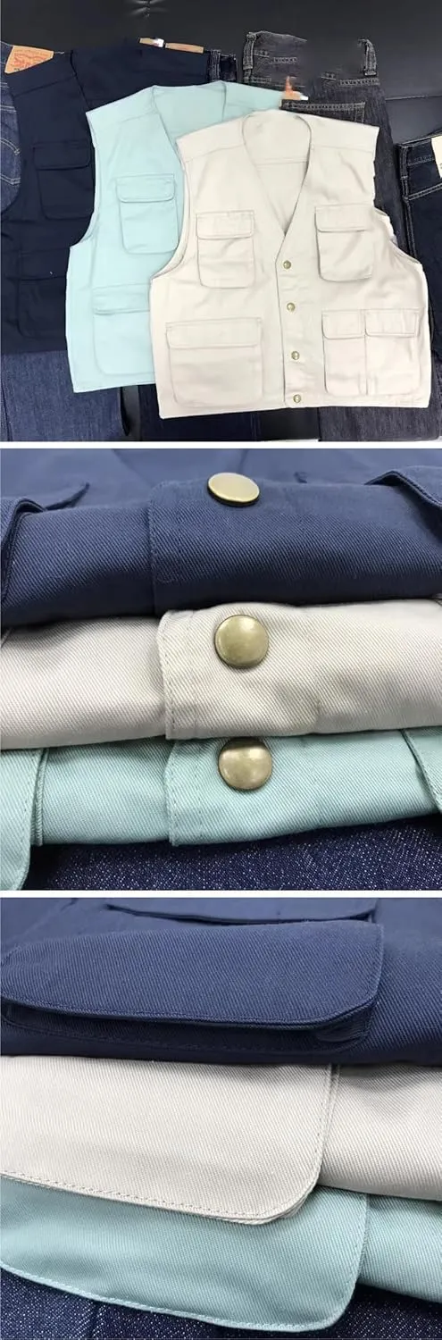 Men's Vest Male's Cotton Workwear Multi-Pocket Loose Fit Undershirt Waistcoat