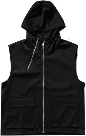 Men's Vest Male's Japanese Multi-Zipper Windproof Workwear Loose Hooded Waistcoat