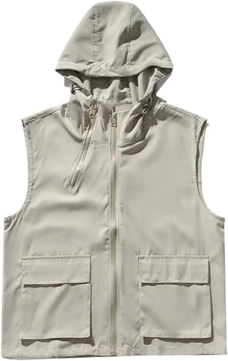 Men's Vest Male's Japanese Multi-Zipper Windproof Workwear Loose Hooded Waistcoat