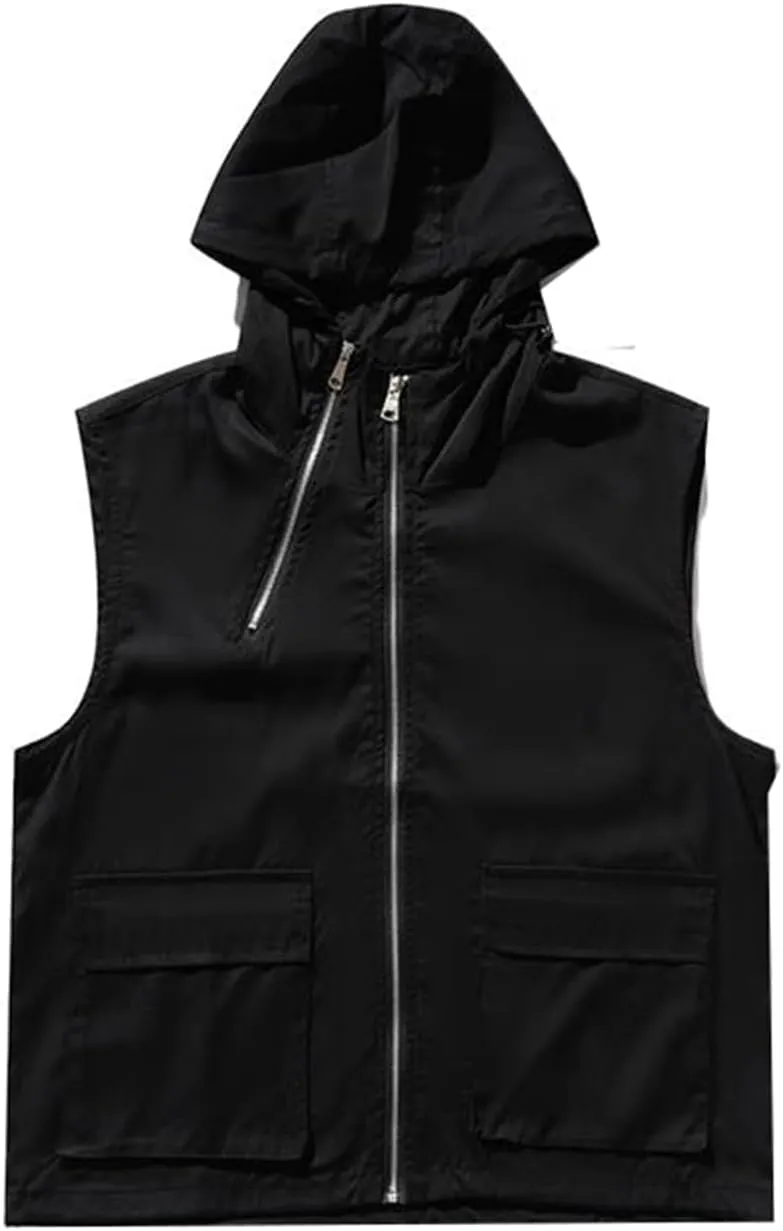 Men's Vest Male's Japanese Multi-Zipper Windproof Workwear Loose Hooded Waistcoat