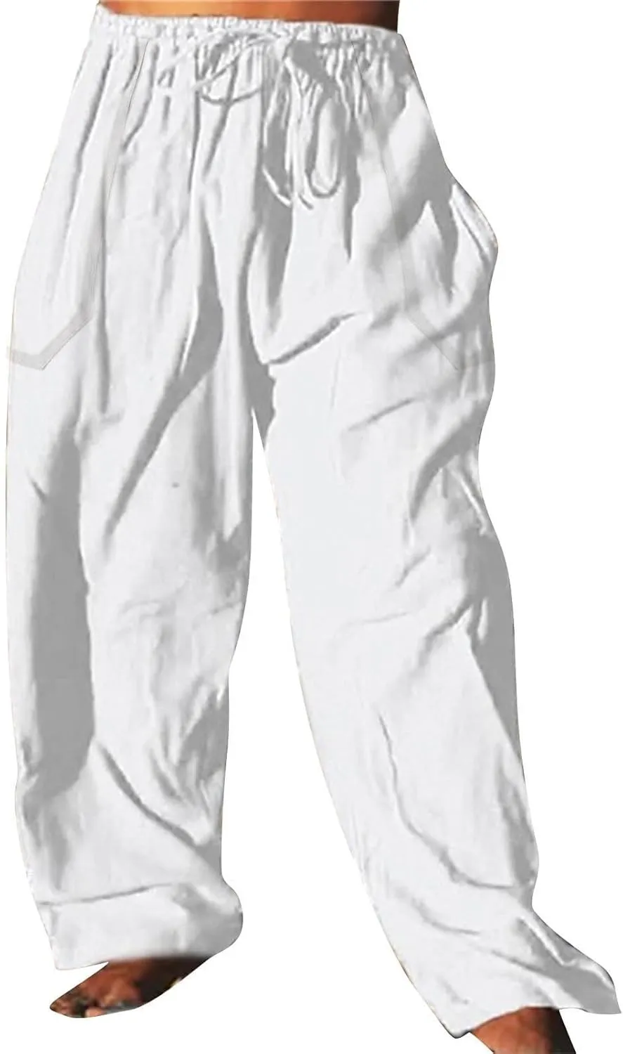 Mens Wide Leg Drawstring Pants Loose Linen Summer Beach Vacation Pants Lightweight Elastic Waist Yoga Lounge Trousers