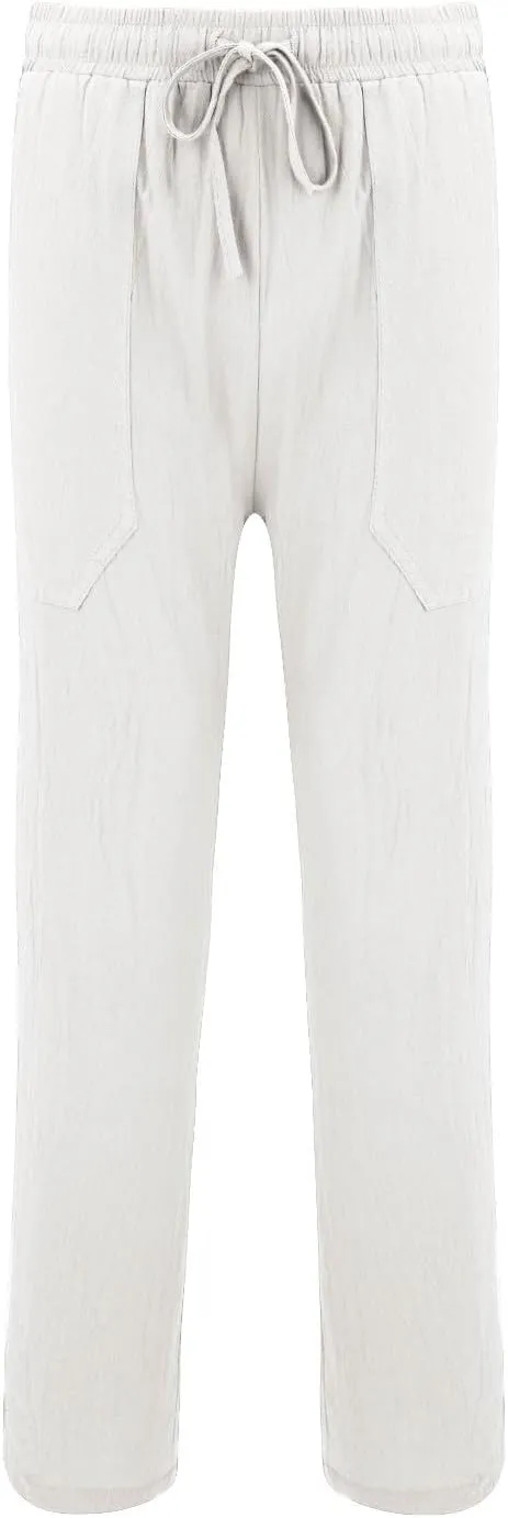 Mens Wide Leg Drawstring Pants Loose Linen Summer Beach Vacation Pants Lightweight Elastic Waist Yoga Lounge Trousers
