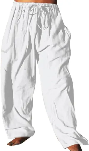 Mens Wide Leg Drawstring Pants Loose Linen Summer Beach Vacation Pants Lightweight Elastic Waist Yoga Lounge Trousers