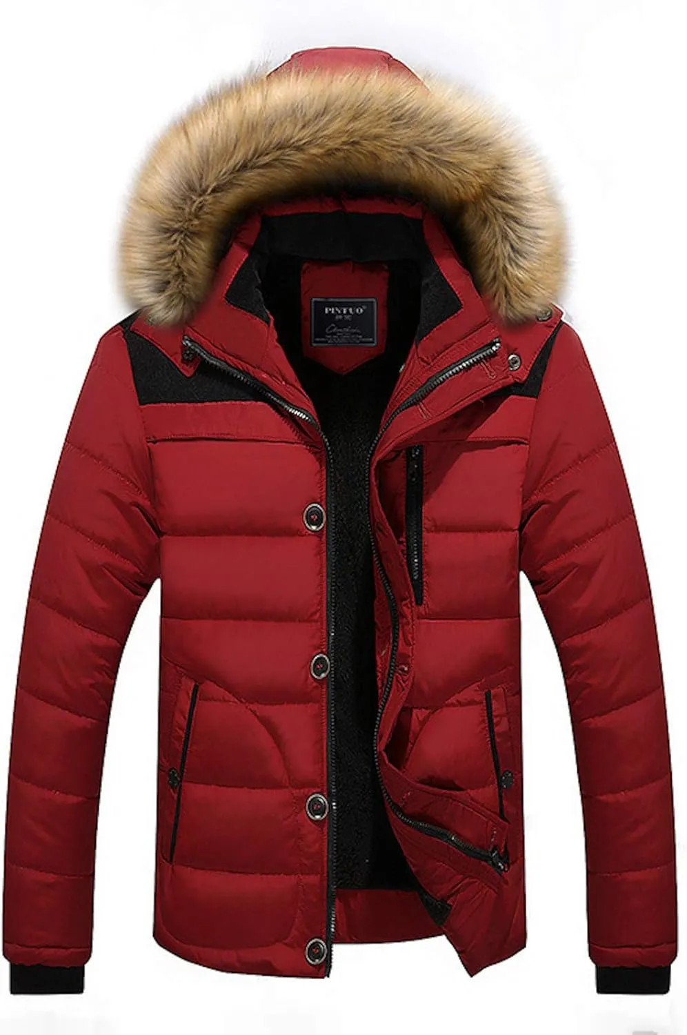 Mens Winter Jacket Faux Fur Hood Windbreaker Cotton Padded Thicken Coat