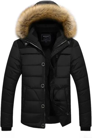 Mens Winter Jacket Faux Fur Hood Windbreaker Cotton Padded Thicken Coat