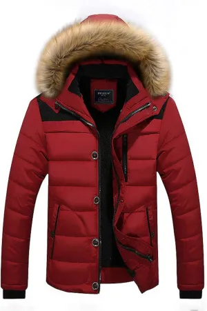 Mens Winter Jacket Faux Fur Hood Windbreaker Cotton Padded Thicken Coat