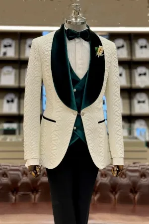 Michell Stylish White Shawl Lapel Jacquard Three-Piece Wedding Suit