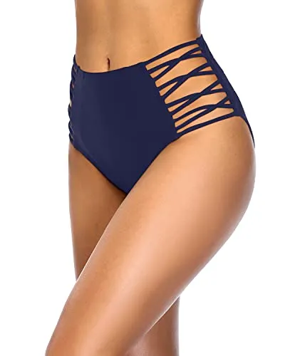 Mid High Rise Women's Sexy High Waisted Bikini Bottom-Navy Blue