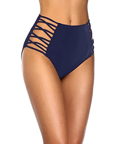 Mid High Rise Women's Sexy High Waisted Bikini Bottom-Navy Blue