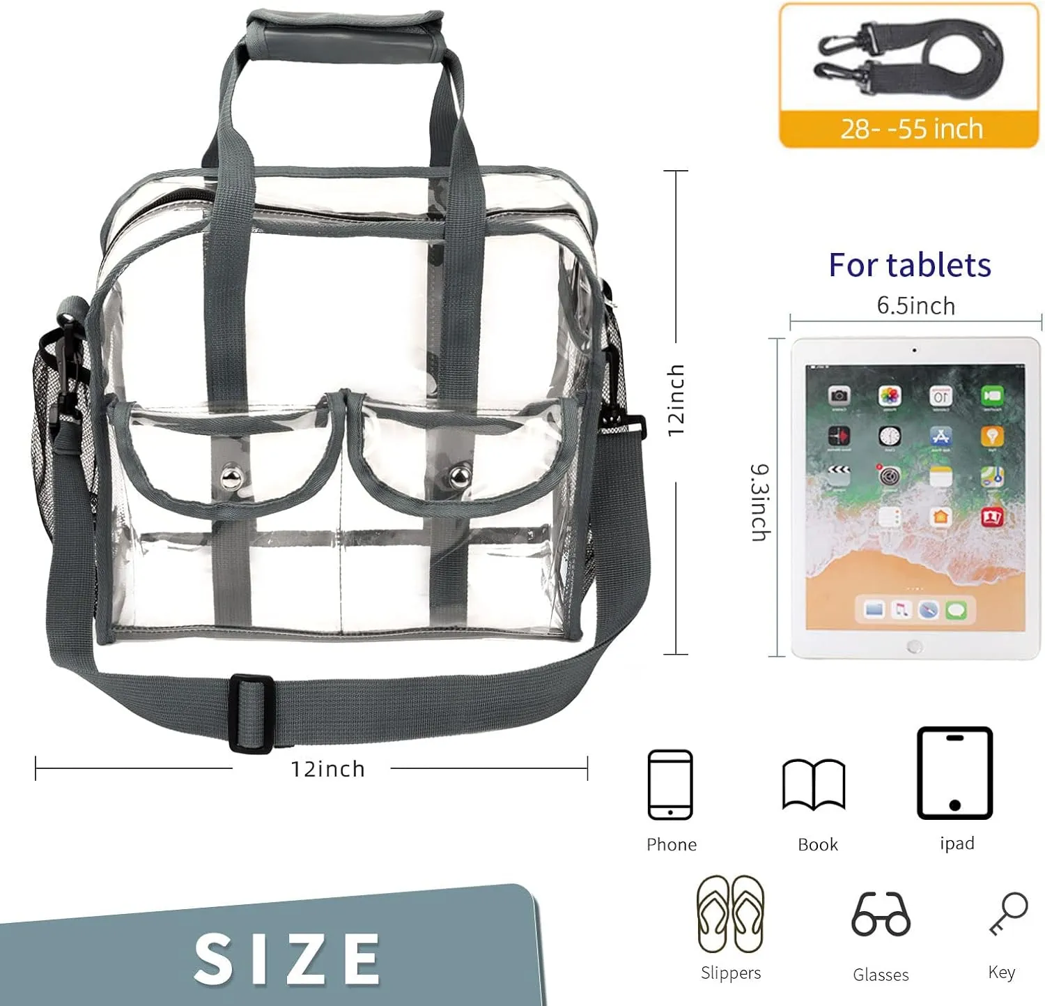 MOFASVIGI Clear Bag Stadium Approved Transparent Waterproof Clear Tote Bags for Work, Sports Games, Concerts,Travel-12 x12 x6
