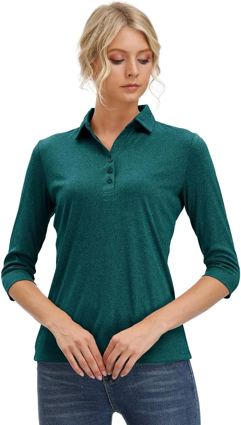MOHEEN Women's Polo Shirt UPF 50  Quick Dry Moisture Wicking 3/4 Sleeve Golf Sun Shirts Athletic Casual Work S-2XL
