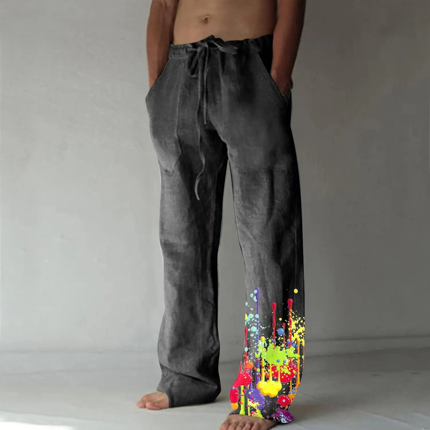 Muscularfit Cotton Pants for Men 2023 Casual Loose Drawstring Elastic Waist Solid Trousers Fashion Print Straight Legs Pocket