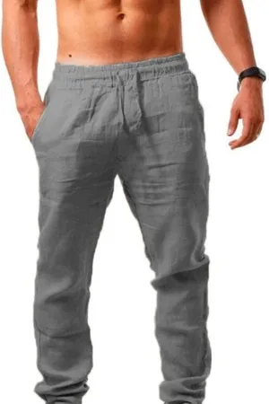 Muyise Men's Casual Linen Pants Elastic Waist Drawstring Loose Fit Jogger Yoga Trousers Quick Dry Lounge Pants with Pockets