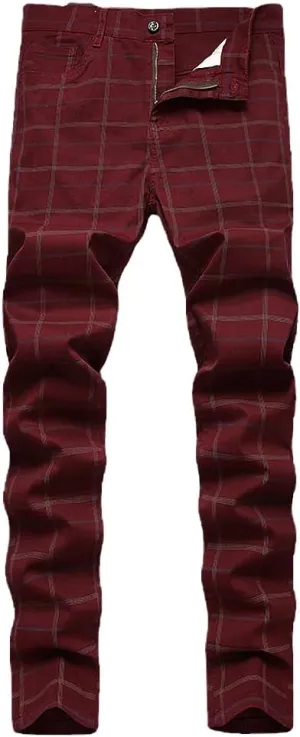 Mywinway Mens Casual Plaid Dress Pants: Stretch Skinny Busniss Slim Fit Chinos Pants