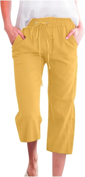 Mzkdieey Capri Pants for Women High Waisted Wide Leg Cotton Linen Cropped Trousers Summer Flowy Lounge Pants with Pockets
