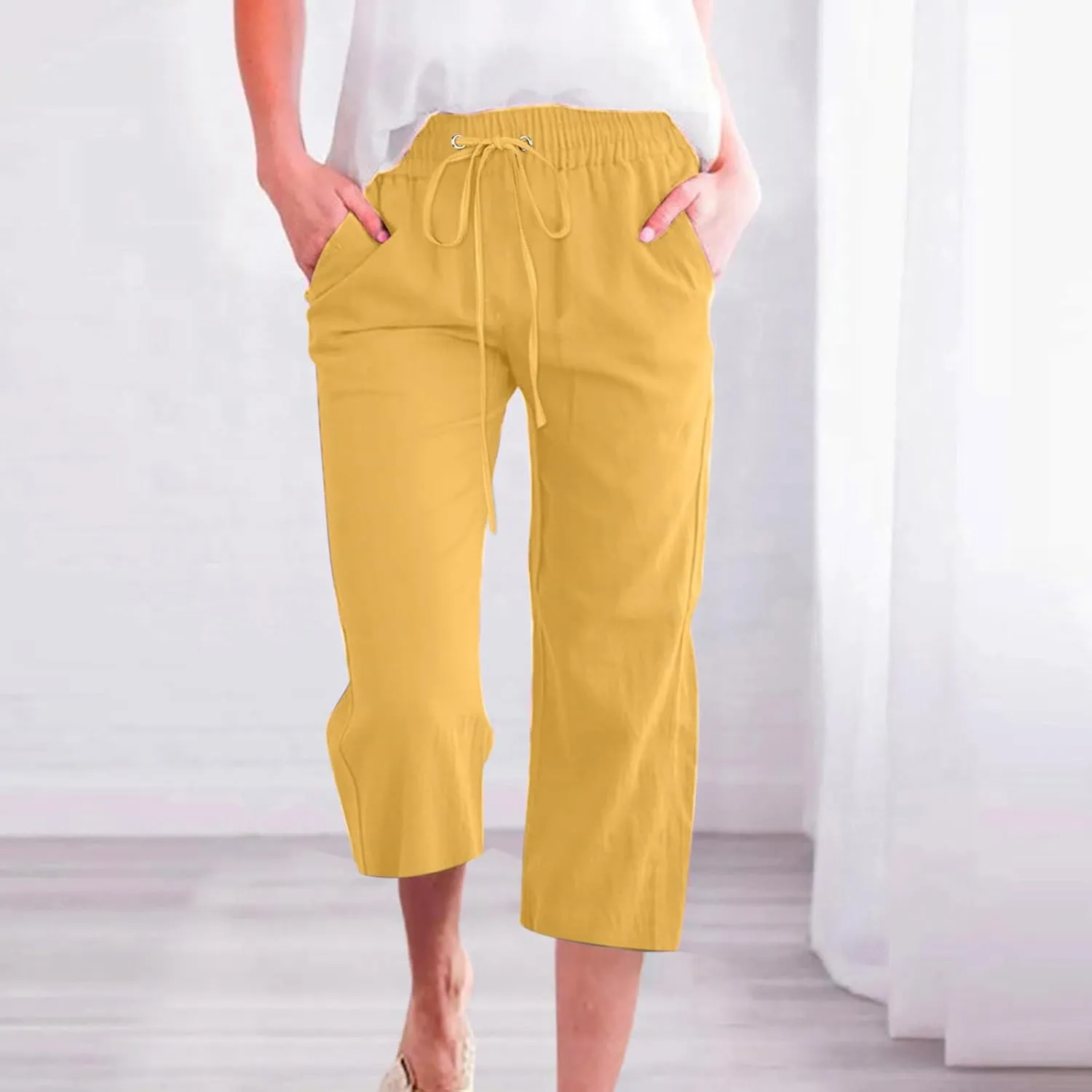 Mzkdieey Capri Pants for Women High Waisted Wide Leg Cotton Linen Cropped Trousers Summer Flowy Lounge Pants with Pockets