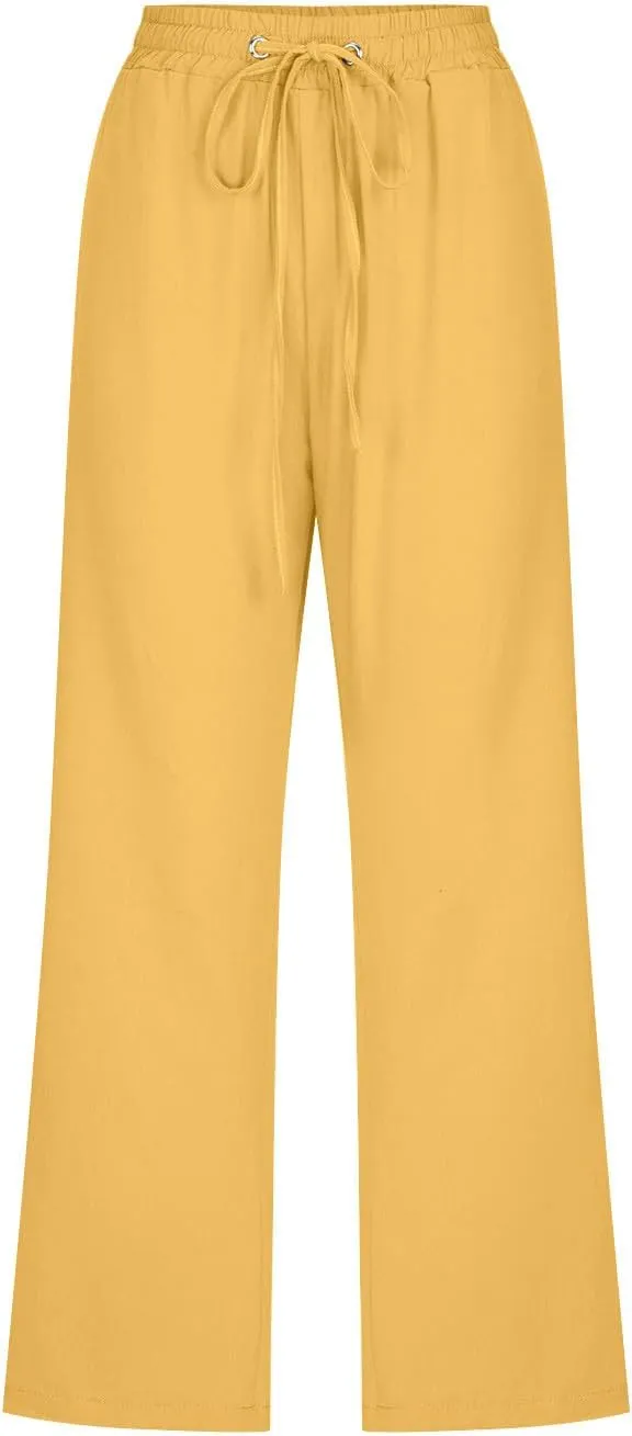 Mzkdieey Capri Pants for Women High Waisted Wide Leg Cotton Linen Cropped Trousers Summer Flowy Lounge Pants with Pockets